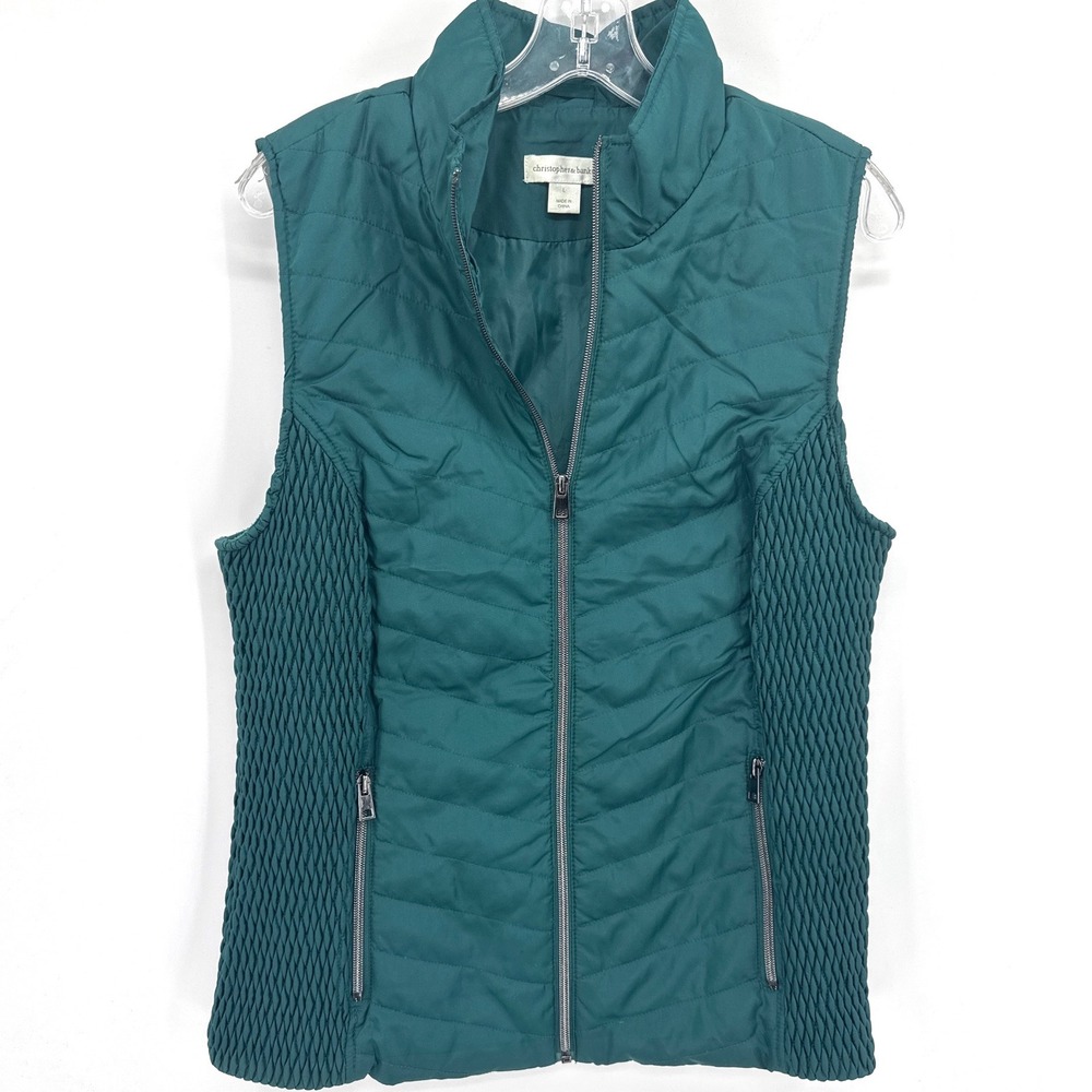Christopher & Banks Women Vest L Green Quilted Smocked Side Zip Pockets